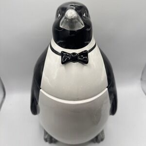 Vintage Otagiri Penguin Cookie Jar Tuxedo Bow Tie Ceramic Hand Painted B&W 1980s
